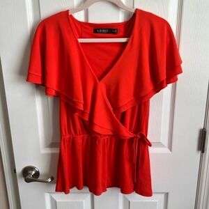 Lauren Ralph Lauren‎ Ruffle Blouse Tie Waist V-Neck Top Orange Red Size M